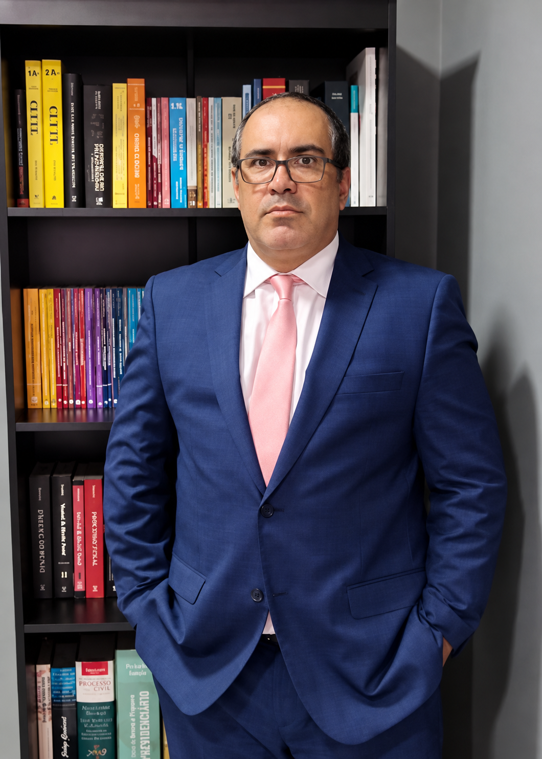 Fabiano Sampaio Avila D’Aloia diante de livros jurídicos em seu escritório